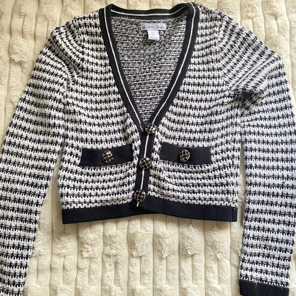 Black and White Striped Cropped Cardigan Sweater